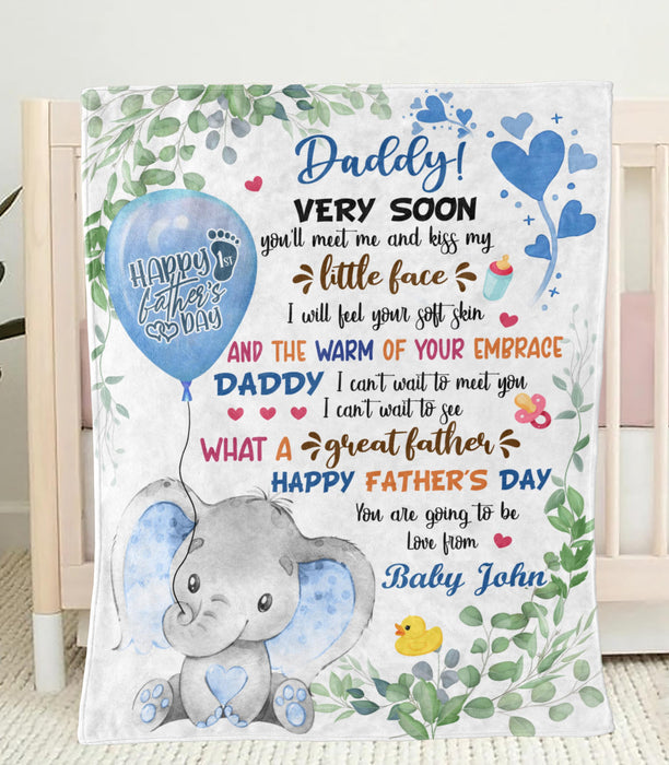 Personalized Blanket To My Dad From Baby Bump Happy First Father's Day Cute Cartoon Baby Elephant Print Custom Name