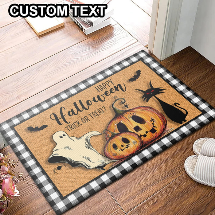 Welcome Doormat Happy Halloween Trick Or Treat Funny Pumpkin With Ghost And Black Cat Printed Plaid Design Doormat