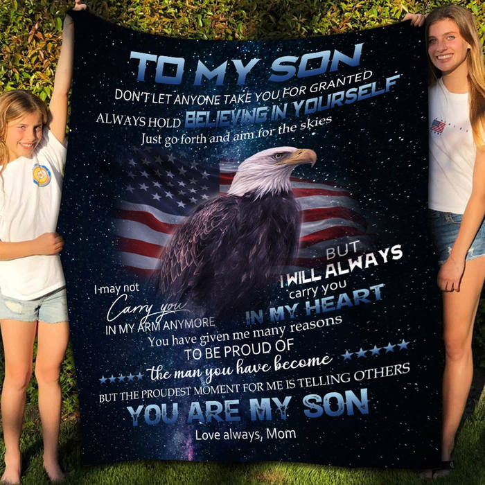 Personalized To My Son Fleece Blanket From Mom Custom Name Always Hold Believing In Yourself Eagle American Flag Printed