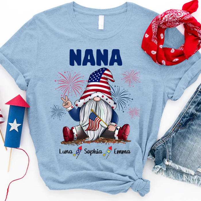 Personalized T-Shirt For Grandma Nana Gnome & Fireworks Print USA Flag Design Custom Grandkids Name 4th Of July Shirt