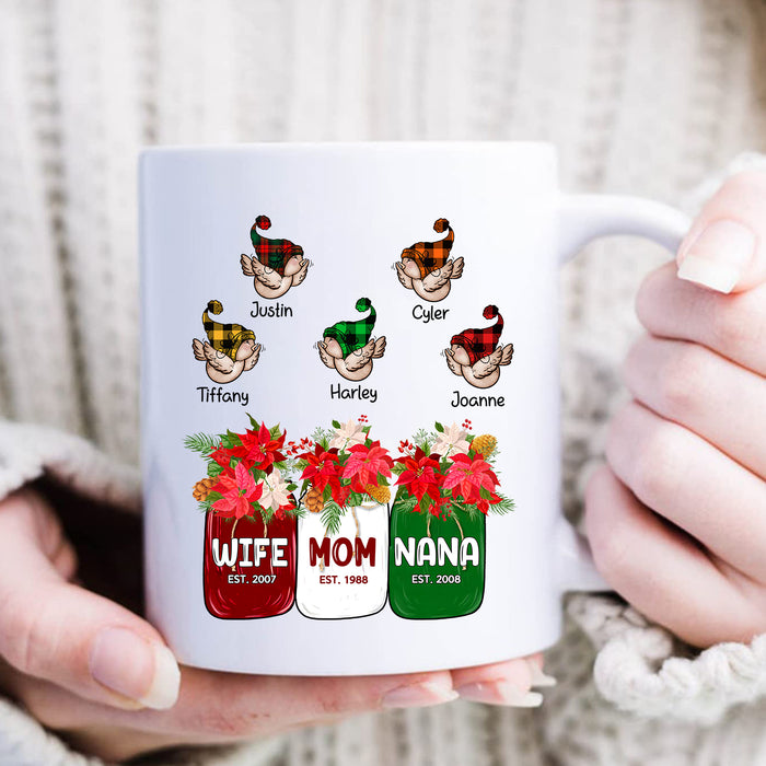 Personalized Coffee Mug Gifts For Grandmother Poinsettia Mason Jar Winter Bird Custom Grandkids Name Christmas White Cup