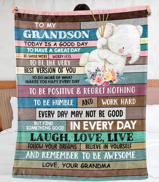 Personalized To My Grandson Blanket From Grandma Laugh Love Live Wooden Background Elephant Printed Custom Name