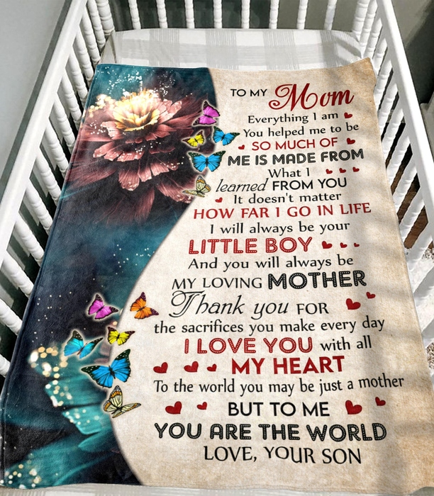 Personalized To My Mom Fleece Blanket From Son Print Butterfly And Flower I Will Always Be Your Little Boy