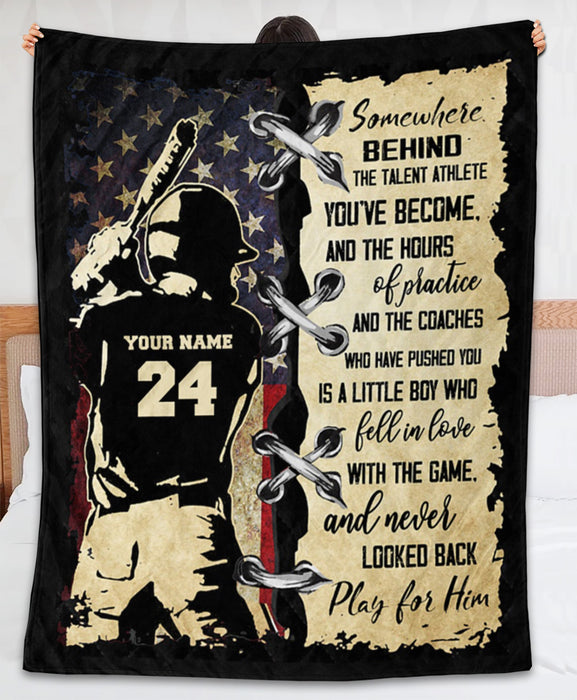 Personalized Blanket For Baseball Lovers Son Men Vintage Usa Flag Somewhere Behind The Talent Custom Name Christmas Gift