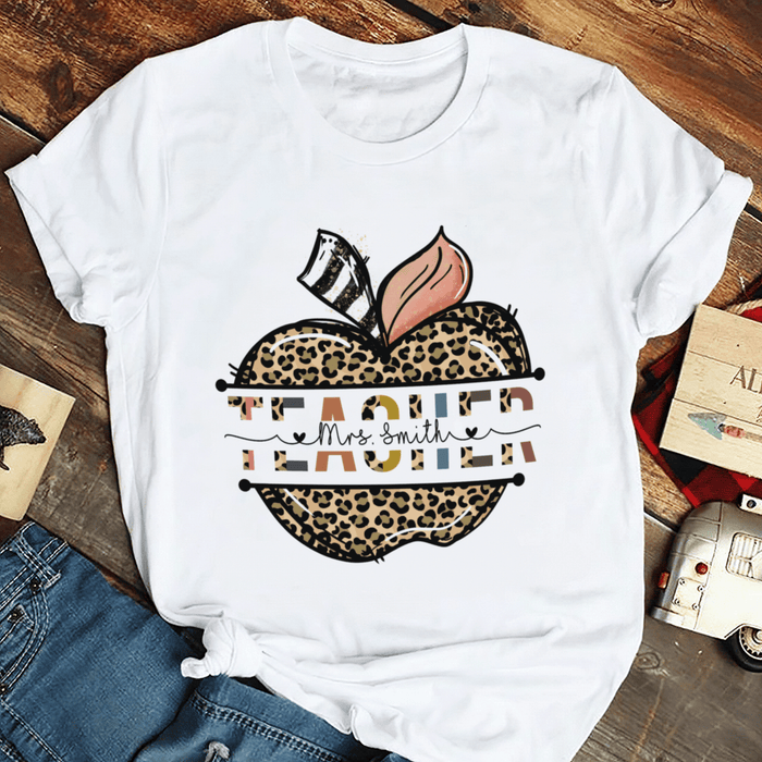 Personalized T-Shirt For Teachers Mrs. Smith Colorful Leopard Apple Design Custom Name Back To School Outfit