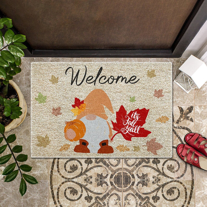 Welcome Doormat For Fall Lovers It's Fall Y'all Cute Gnome With Pumpkin And Maple Leaves Printed Gnome Welcome Mat