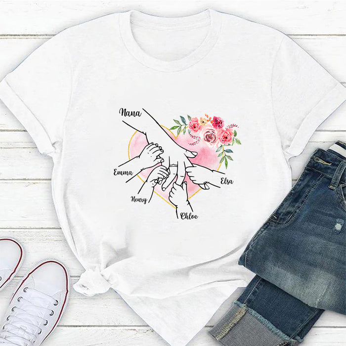 Personalized T-Shirt For Grandma From Grandkids Little Hands Holding Nana Hand Heart Custom Name Gifts For Mothers Day