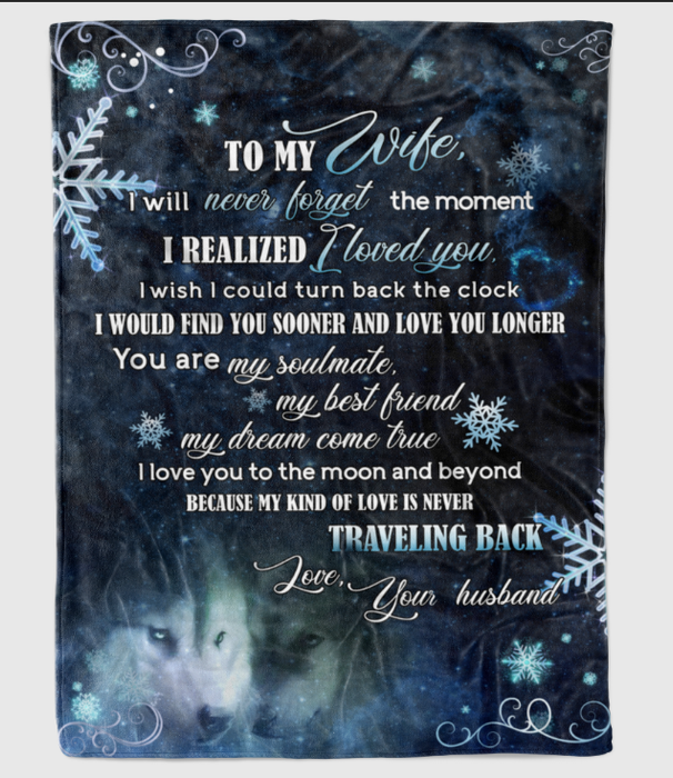 Personalized Wolf Couple With Snowflakes Blanket To My Wife From Husband I Love You To The Moon And Beyond Blanket