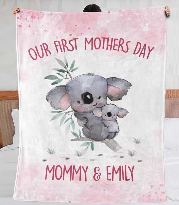 Personalized Premium Pink Blanket For New Mom Our First Mother'S Day Mommy & Daughter Cute Koala Bear Custom Name