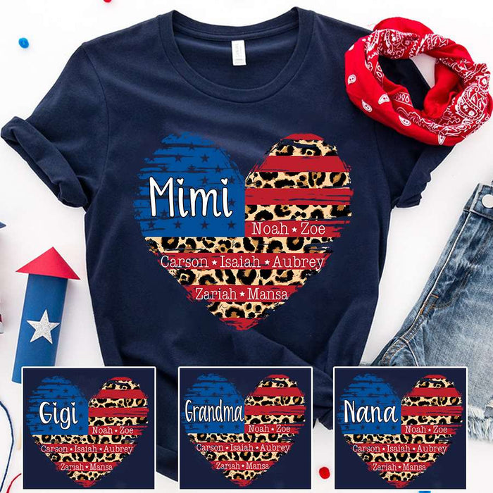 Personalized T-Shirt For Grandma Mimi Heart USA Flag Leopard Design Custom Grandkids Name 4th July Shirt