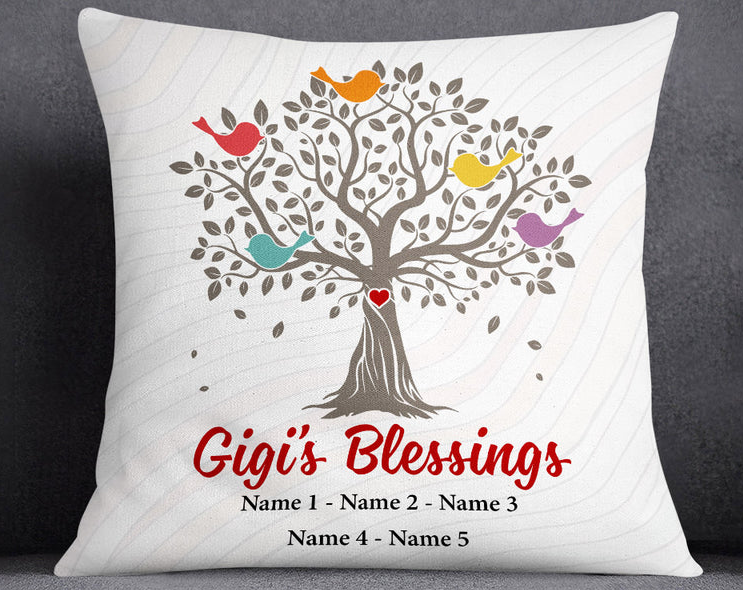 Personalized Square Pillow Gifts For Grandma Gigis Blessings Tree Birds Custom Grandkids Name Sofa Cushion For Birthday