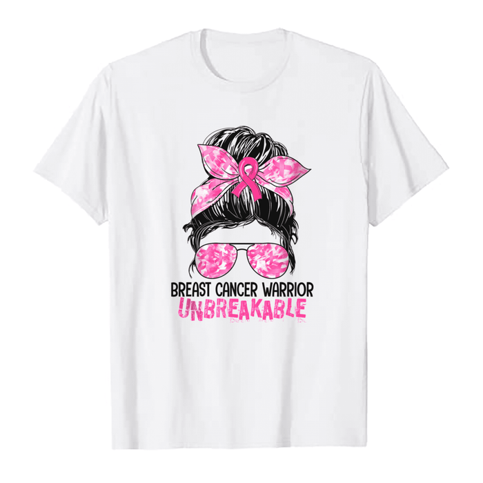 Breast Cancer Awareness T-Shirt For Girl Women Messy Bun Pink Ribbon Shirt For Cancer Support Inspirational Gifts