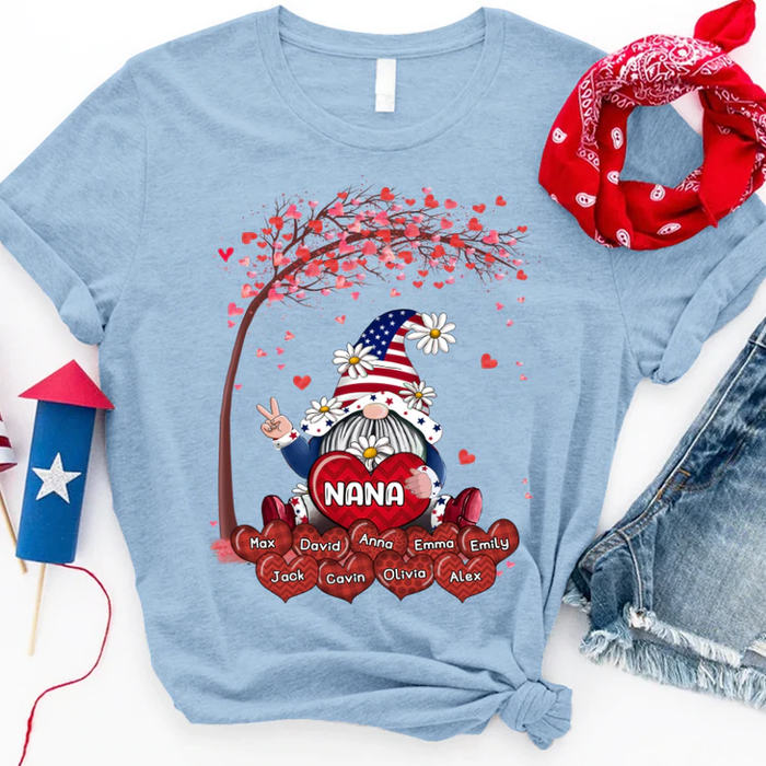 Personalized T-Shirt For Grandma Gnome & Tree With Tree Print USA Flag Design Custom Grandkids Name 4th Of July Shirt