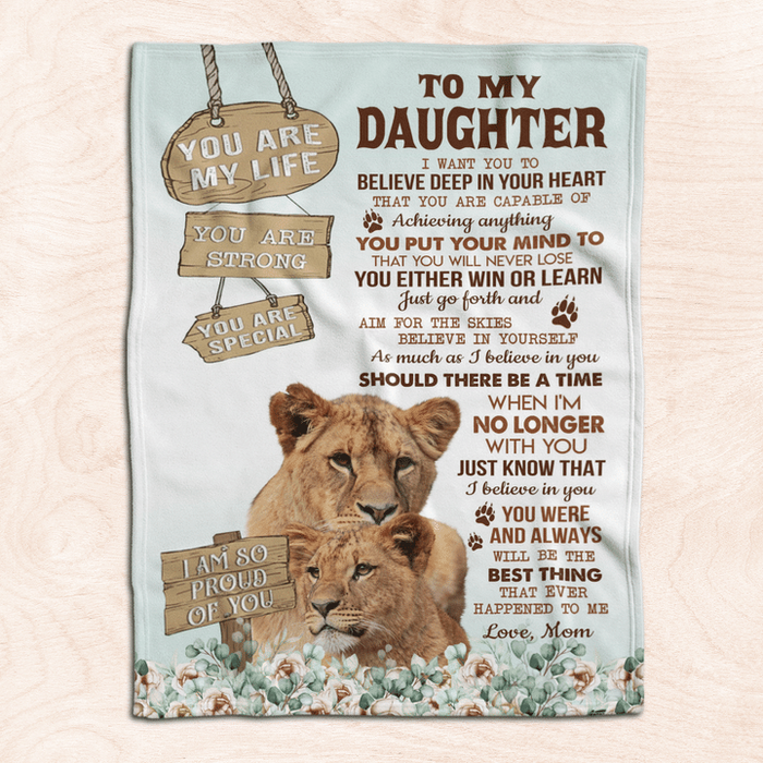 Personalized Premium Blanket To My Daughter Wood Sign & Lion Hugged Fleece Blankets Custom Name