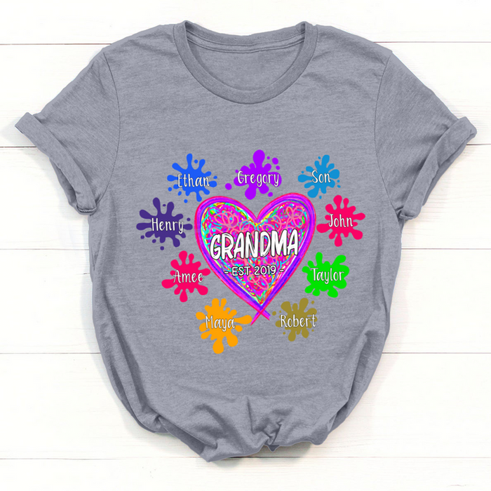 Personalized T-Shirt For Grandma Est Year Colorful Heart Paint Splatter Printed Custom Grandkids Name