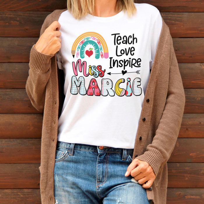 Personalized T-Shirt For Teachers Teach Love Inspire Colorful Rainbow Design Custom Name Back To School Outfit