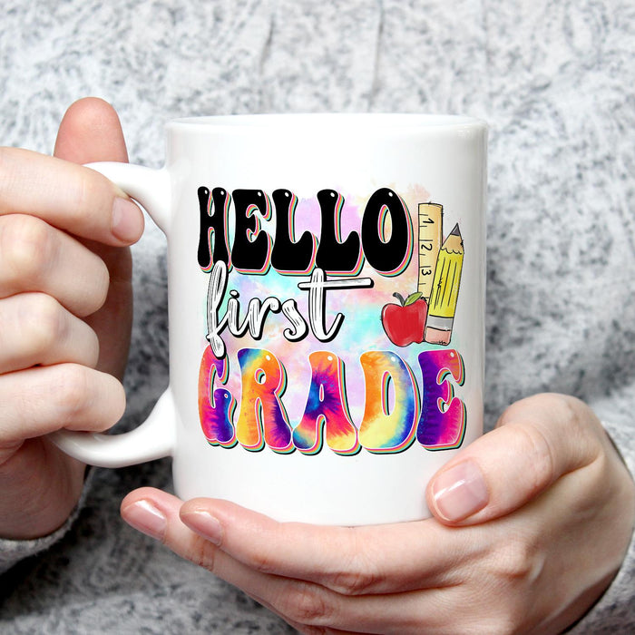 Personalized Ceramic Coffee Mug Hello First Grade Tie Dye Design Custom Grade Level 11 15oz Back To School Cup