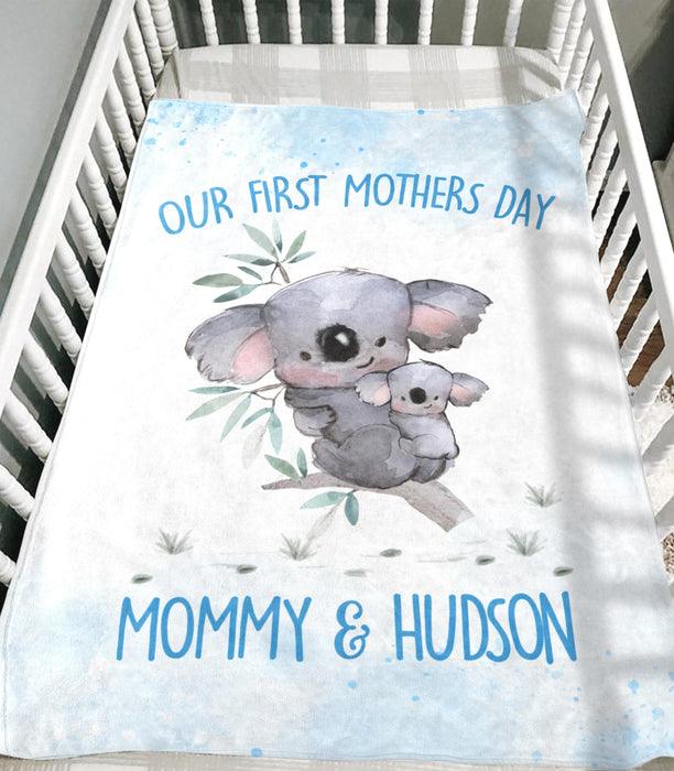 Personalized Premium Blue Blanket For New Mom Our First Mother'S Day Mommy & Sun Cute Koala Printed Custom Name