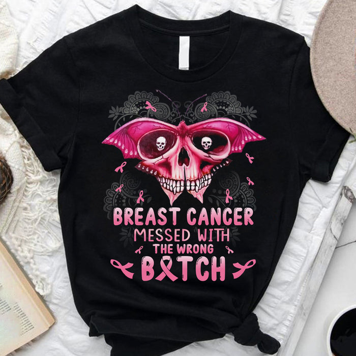 Classic T-Shirt For Women Breast Cancer Messed With The Wrong B*tch Funny Skull Face With Pink Ribbon Shirt