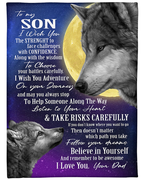 Personalized To My Son Blanket From Mom Dad Custom Name Wolf & Moon I Wish You The Strength Gifts For Birthday