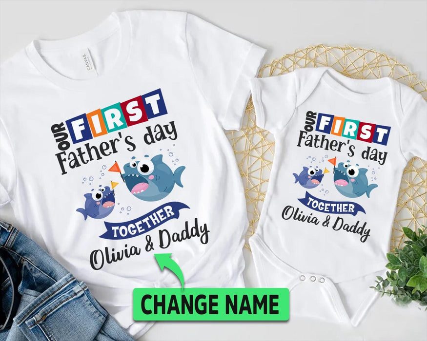 Personalized Matching T-Shirt & Baby Onesie Our First Father's Day Cute Funny Fish Printed Custom Name Daddy & Baby Set