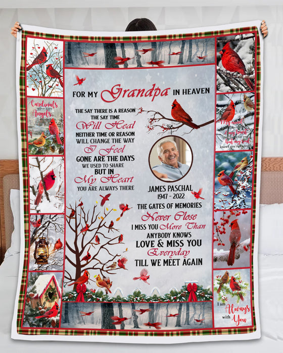 Personalized Memorial Blanket For Grandpa In Heaven Red Cardinal Bird In Winter Custom Name & Photo Sympathy Gifts