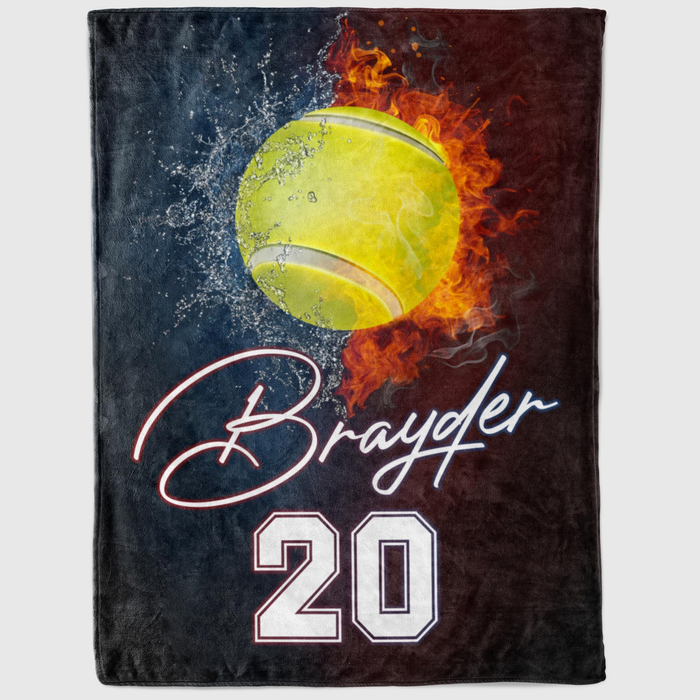Personalized Blanket For Tennis Lovers 3D Ball In Fire & Water Custom Name & Number Blanket For Team Fans Players