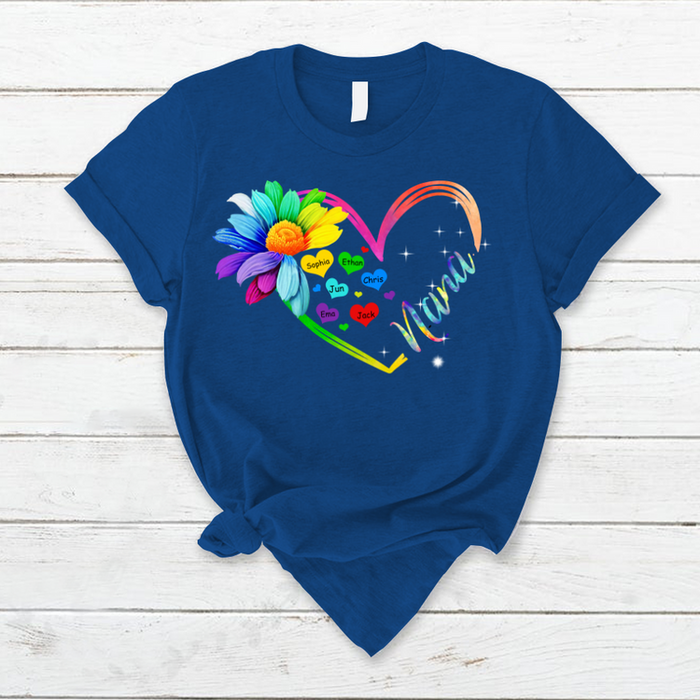 Personalized T-Shirt For Grandma Nana Flower Heart Colorful Design Custom Grandkids Name Mothers Day Shirt