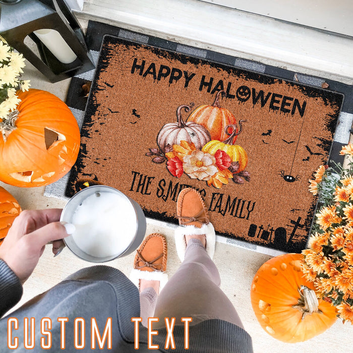 Personalized Welcome Doormat Happy Halloween Cute Pumpkin With Flower Grave Spider Printed Custom Family Name