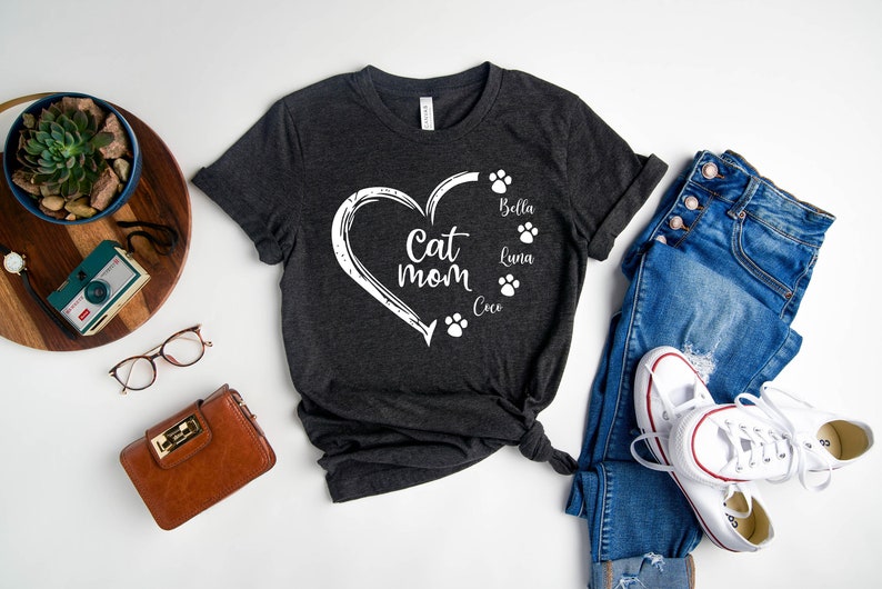 Personalized T-Shirt For Cat Lovers Cat Mom Paws Prints Heart Design Custom Cat'S Name National Pet Day Shirt