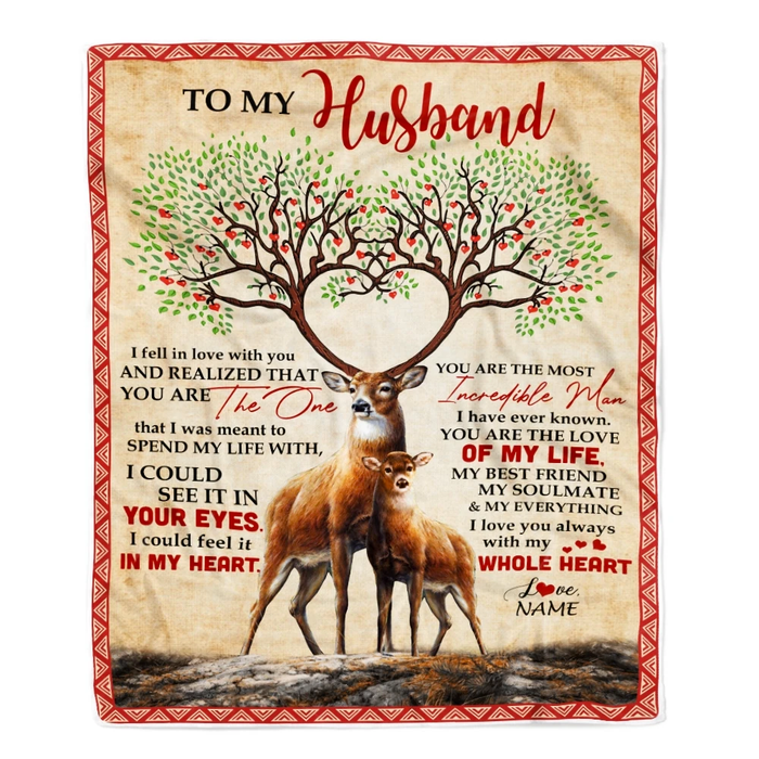 Personalized Throw Blanket To My Husband Romantic Deer With Tree Horns Design Print Custom Name Fleece Blanket