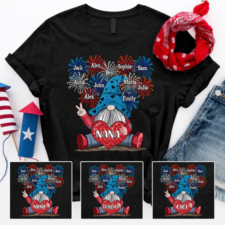 Personalized T-Shirt For Grandma Gnome & Fireworks Print USA Flag Design Custom Grandkids Name 4th Of July Shirt