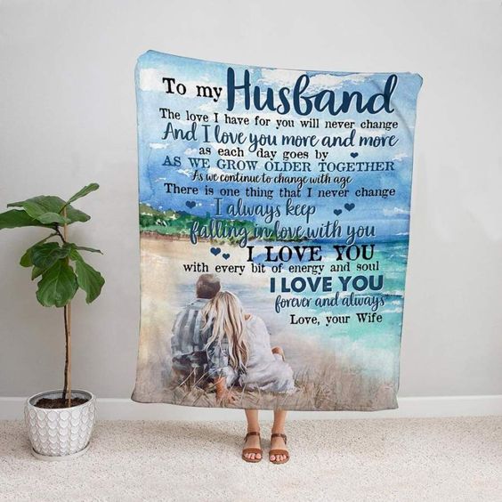 Personalized Blanket To My Husband We Grow Older Together Head On Shouder Couple On Beach Custom Name Valentine Blankets