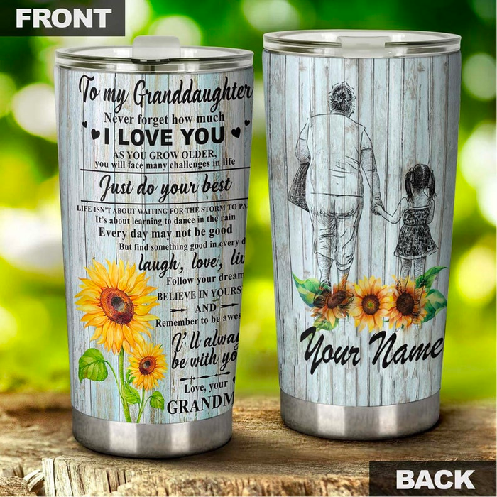 Personalized Tumbler To Granddaughter Gifts From Grandmother Hand In Hand Sunflower Wooden Custom Name Travel Cup 20oz