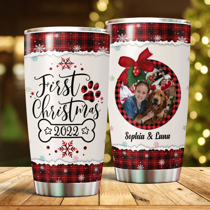Personalized Tumbler For Dog Lover Red Plaid First Xmas Snowflakes Custom Name & Photo Travel Cup Gifts For Christmas