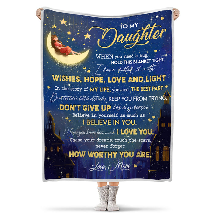 Personalized To My Daughter Blanket From Mom When You Need A Hug Hold This Blanket Tight Moon & Girl Printed Blanket