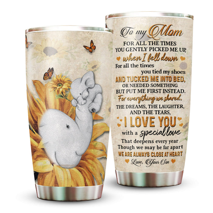 Personalized Tumbler To Mommy Sunflower Elephant Always Close In Heart Gifts For Mom Custom Name Travel Cup For Birthday