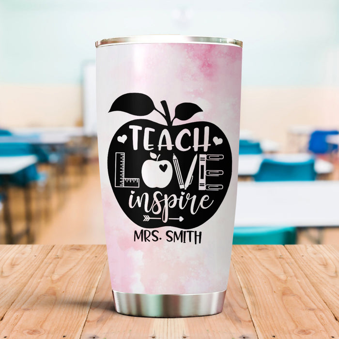 Personalized Tumbler For Teacher Apple Teach Love Inspire Pink Theme 20oz Travel Cup Custom Name Gift For Back To School