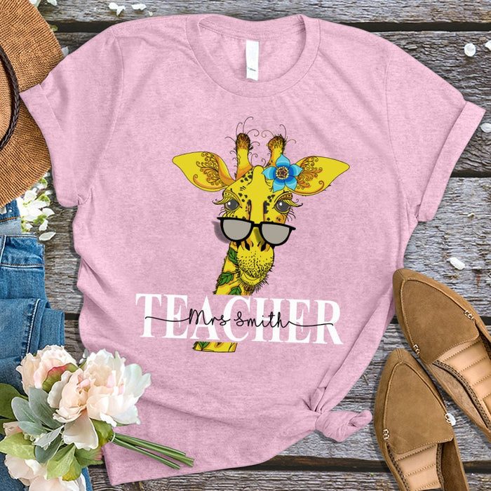 Personalized T-Shirt For Teacher Funny Giraffe With Flower And Glasses Custom Name Shirt Gifts For Back To School