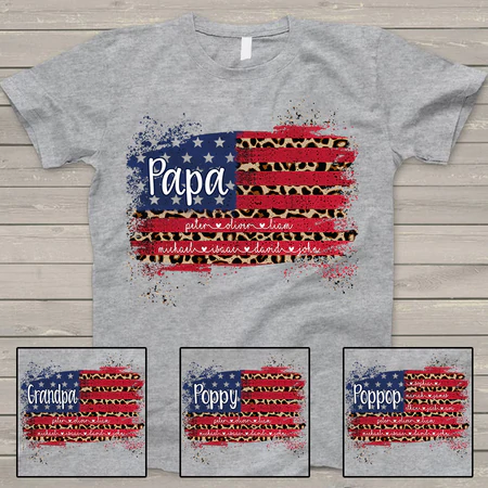 Personalized T-Shirt For Grandpa Papa Leopard USA Flag Design Custom Grandkids Name Independence Day Shirt