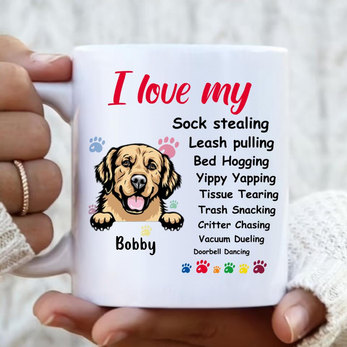 Personalized Coffee Mug Gifts For Dog Lover Sock Stealing Leash Pulling Bed Hogging Custom Name White Cup For Christmas