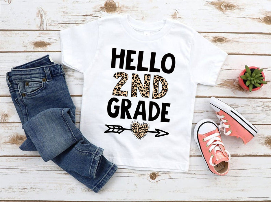Personalized T-Shirt For Kids Hello 2nd Grade Leopard Design Back To School Outfit Custom Grade Level