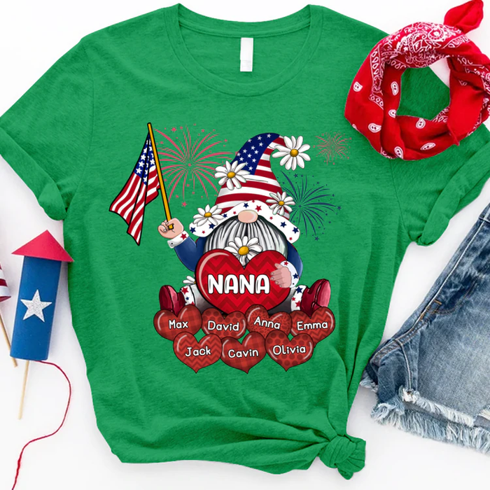 Personalized T-Shirt For Grandma Gnome Holds USA Flag Design Fireworks Custom Grandkids Name 4th Of July Shirt