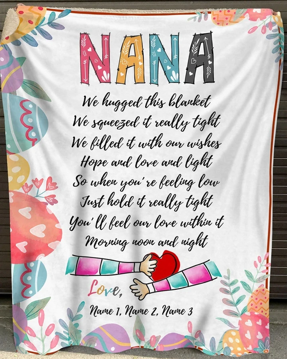 Personalized Fleece Blanket For Nana From Grandkids Print Cute Eggs And Hold Hand Custom Nickname And Kids Names
