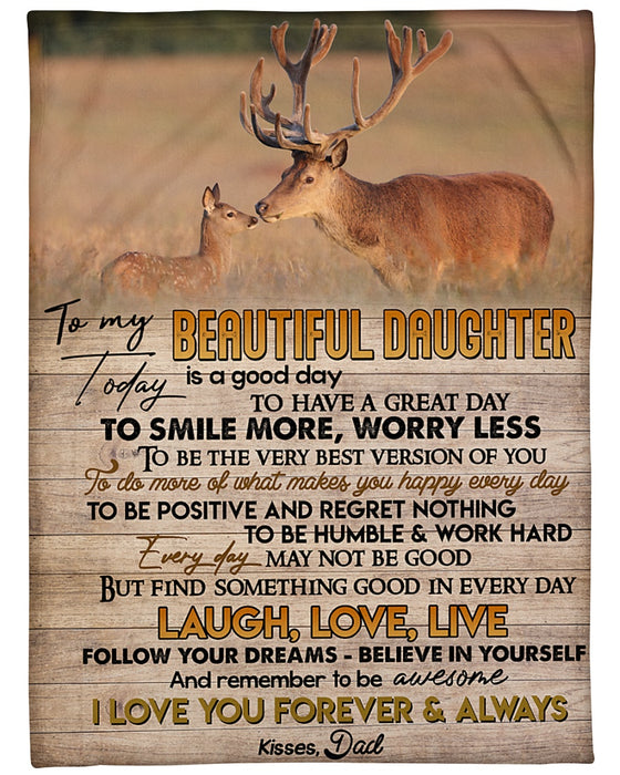 Personalized To My Beautiful Daughter Deer Fleece Blanket From Dad To Smile More Worry Less Custom Name Old Wood Design