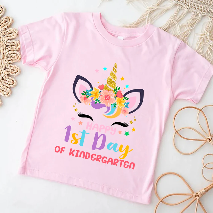 Personalized T-Shirt For Kid Happy First Day Colorful Unicorn & Flower Design Custom Name Back To School Outfit