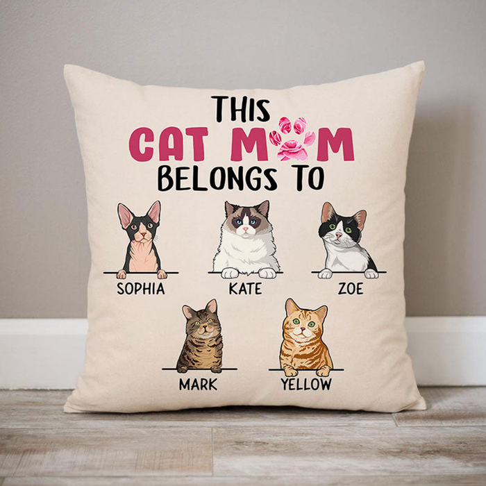 Personalized Square Pillow Gifts For Cat Lovers This Cat Mom Belongs To Pink Paws Custom Name Sofa Cushion For Christmas