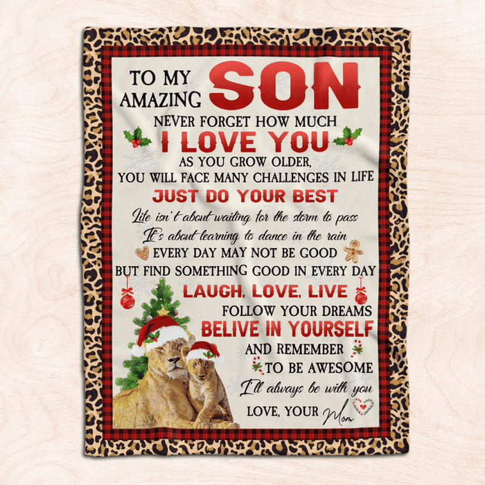 Personalized Blanket To My Son From Mom Never Forget That How Much I Love You Old Lion & Baby Printed Xmas Design