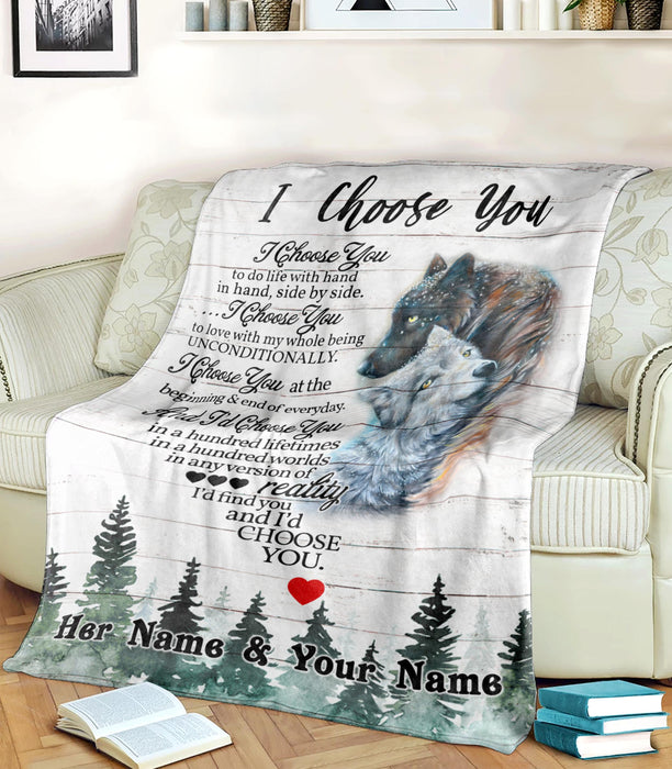 Personalized Blanket For Wife Husband I Choose You To Do Life With Hand In Hand Romantic Hugging Wolf Couple Printed