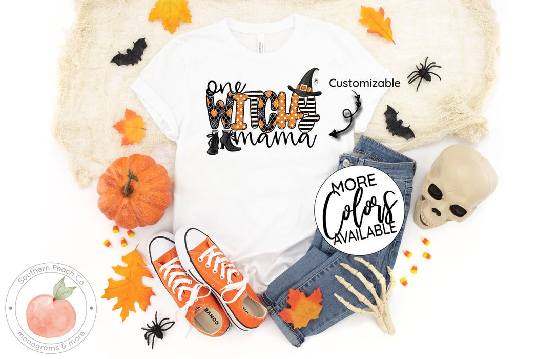 Personalized T-Shirt For Grandma One Witch Mama Shirt Witch Hat & Shoes Spider Printed Stripes Design Custom Nickname